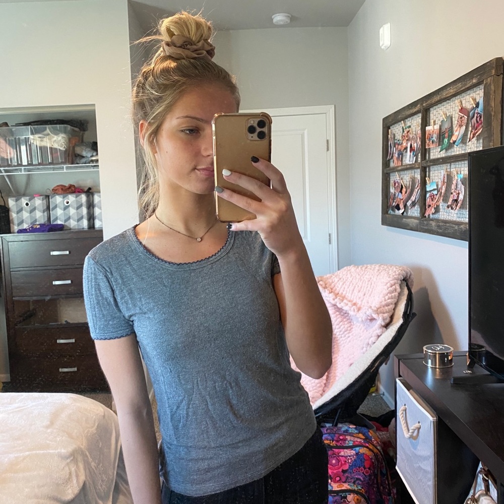 Soft Grey T-Shirt with Patterned Neck and Sleeves
